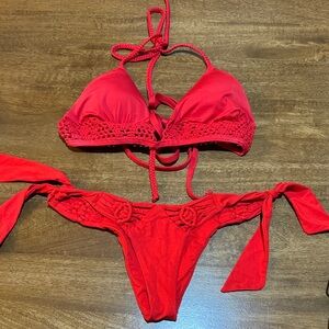 Frankie's Bikinis Bright Red Crochet Triangle Bikini